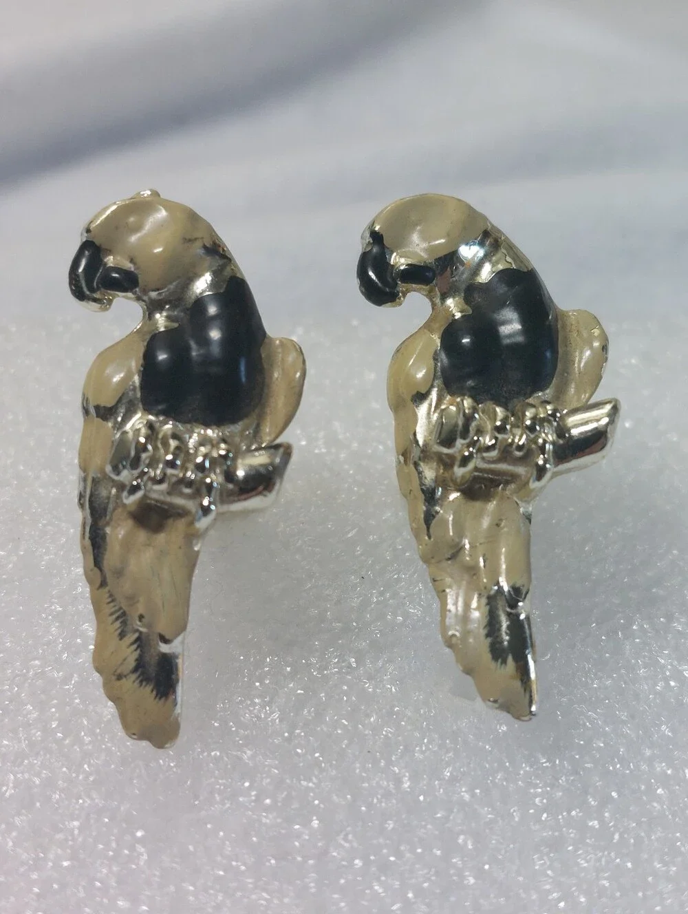 Vintage Cufflink Lot of 3 - Enamel Parrot Birds, Buddha Statues & Green Lucit